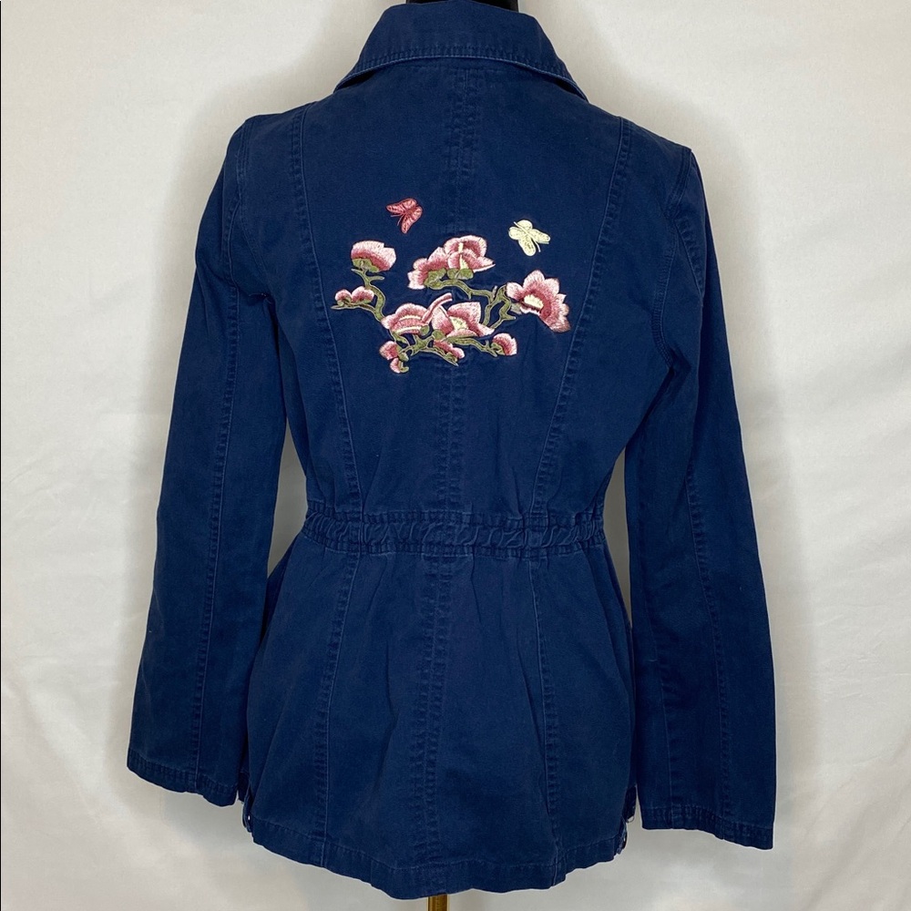Ashley Navy Blue Floral Embroidery Parka Utility Jacket